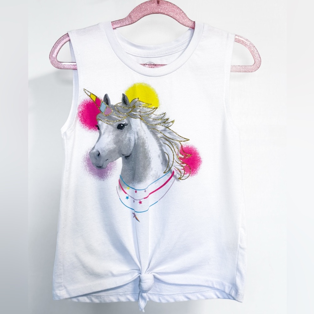 Girls Unicorn Graphic Tank Top White Tie Front Size M 7-8
